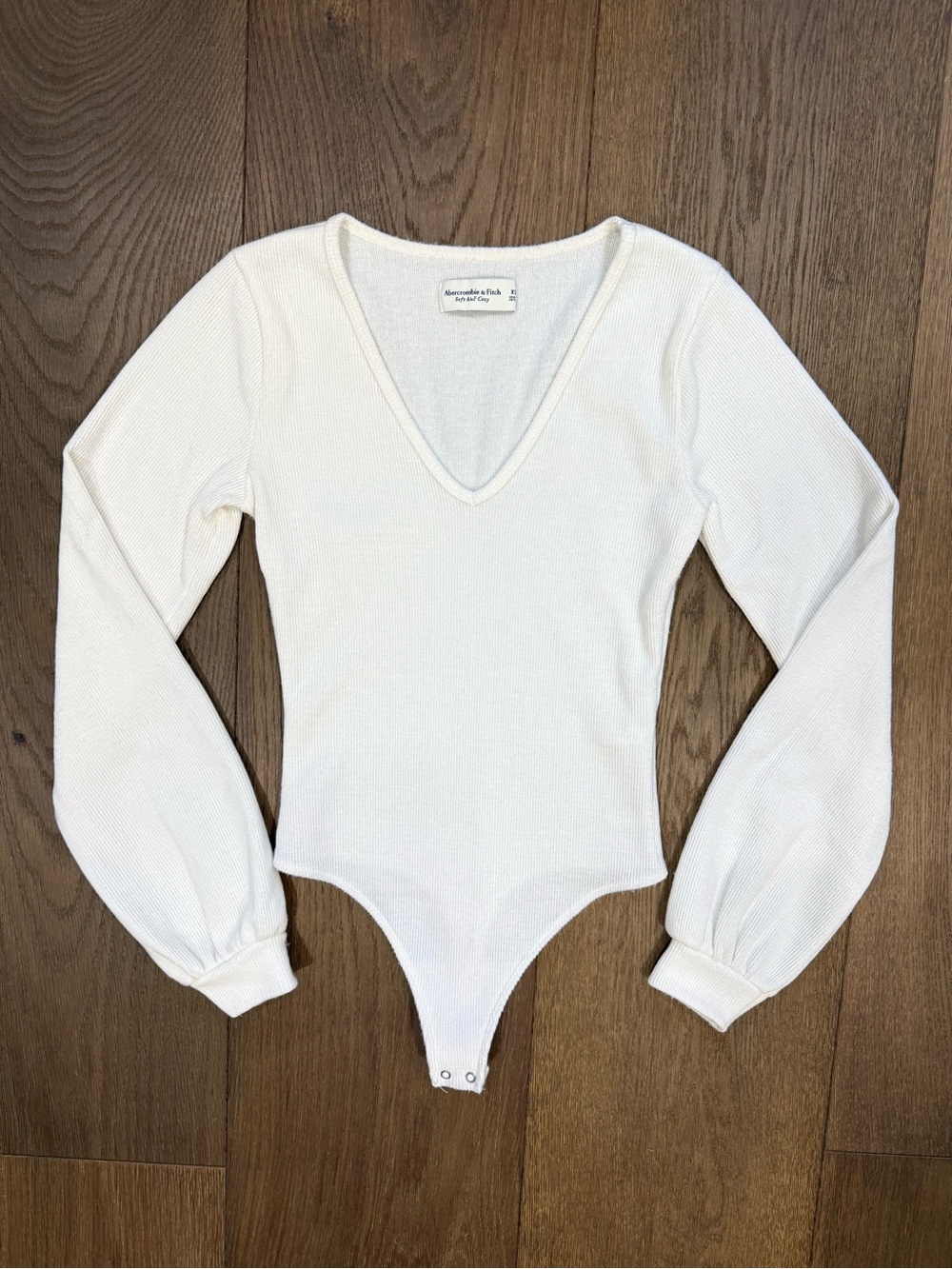 Abercrombie & Fitch Ribbed V-Neck Balloon Sleeve Bodysuit White Ivory - XS